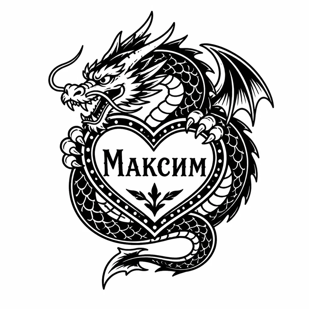 Дракон с именем максим. Имя должно быть в драконе с сердечком. Располежение татуировки будет на плече девушке.