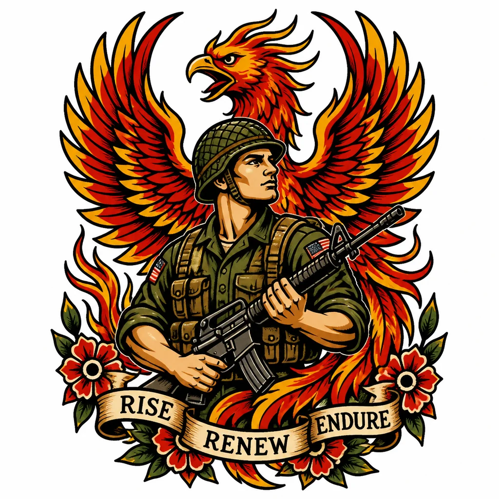 Военный на фоне феникс