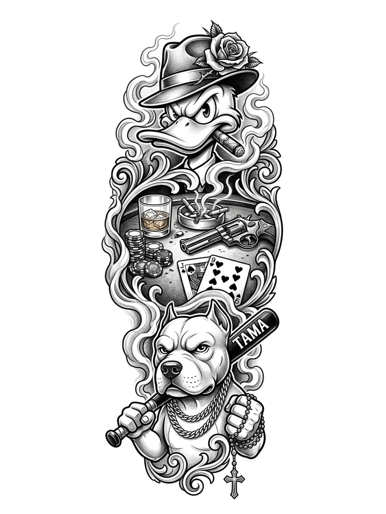 Chicano black and grey tattoo on left calf. Bottom: Disney's Goofy as a gangster, holding a black baseball bat vertically, "TAMADA" in white on handle. Two silver chains on neck, rosary wrapped around right fist. Middle: poker table with chips, whiskey glass, ashtray with cigarette butts and smoke, playing cards Jack and Nine, a revolver. Top: Disney's Scrooge McDuck as a mob boss, wearing fedora hat with a thorny rose, cigar in beak. Thick smoke connects everything. Bold outlines.