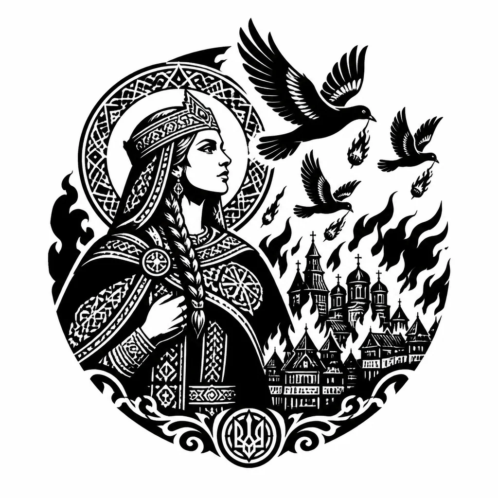 Княгиня Ольга в княжеской одежде возле сожженого ею города с помощью голубей за мужа