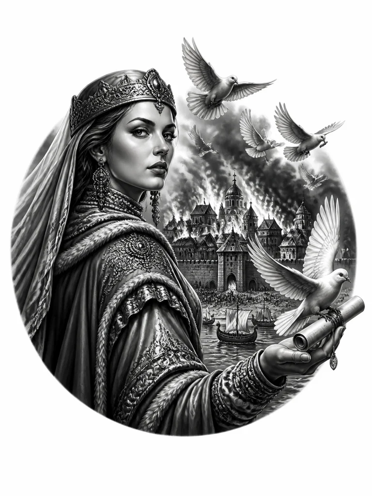 Княгиня Ольга в княжеской одежде возле сожженого ею города с помощью голубей за мужа
