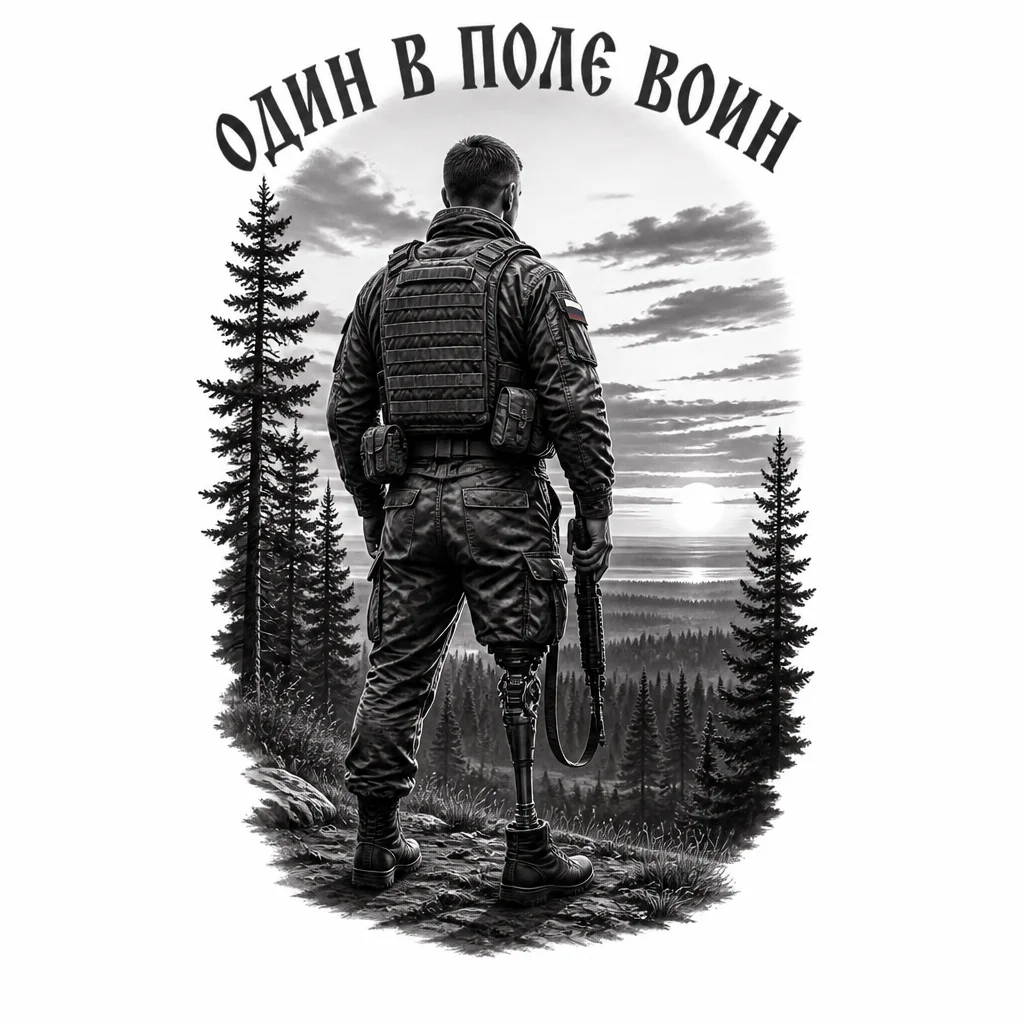 Солдат росии стоит спиной на протезе на фоне леса и заката сверху надпись руками " один в поле воин "