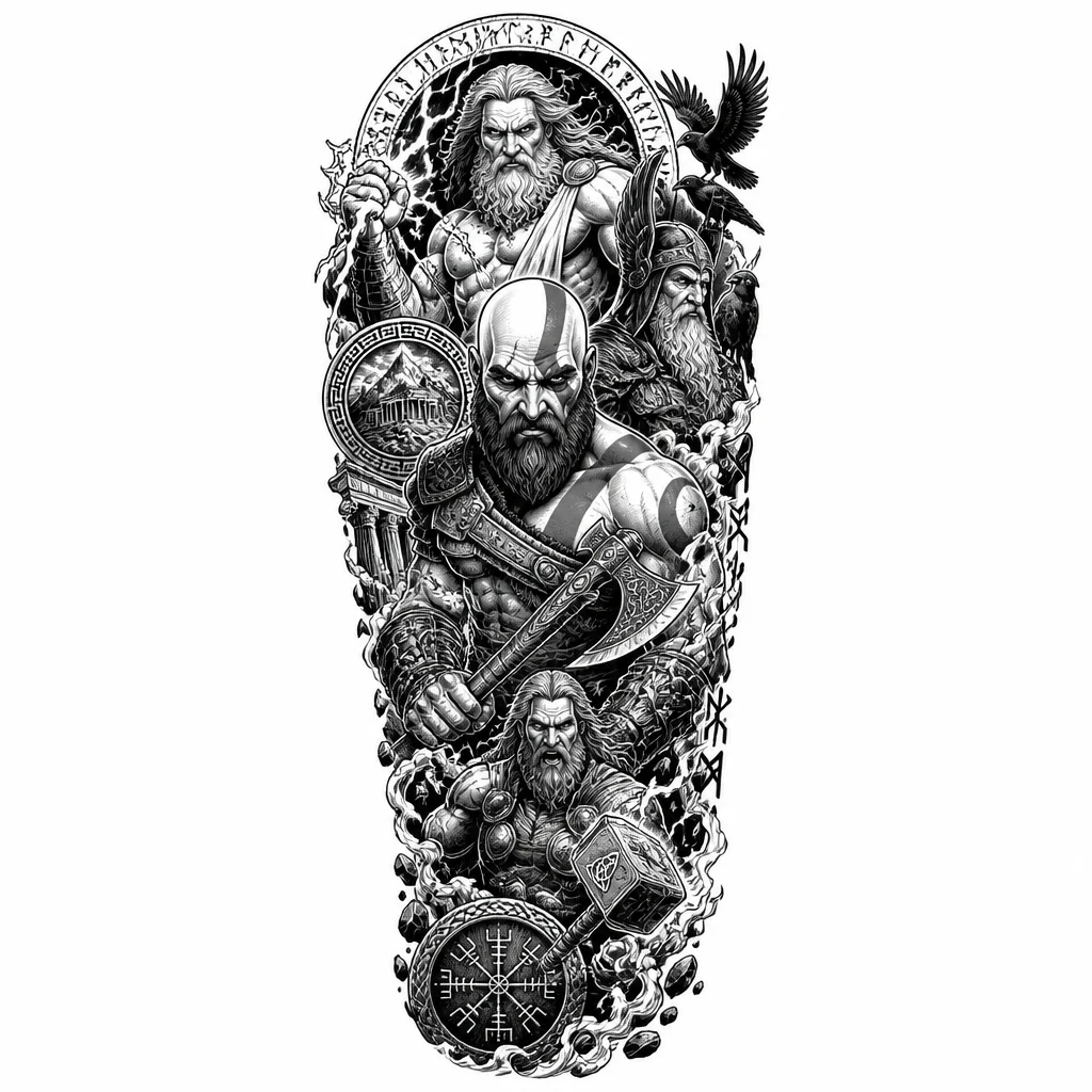 Full sleeve tattoo design, God of War theme, epic composition. In the center, a highly detailed realistic portrait of Kratos with his iconic red tattoo, fierce expression, and Leviathan Axe. Surrounding him are powerful Norse and Greek gods: Zeus with lightning bolts, Odin with his ravens, and Thor holding Mjolnir. Dynamic action scene, dramatic lighting, smoke, debris, Norse runes fading into the background. Black and grey Эскиз татуировки на весь рукав, тема God of War, эпическая композиция.