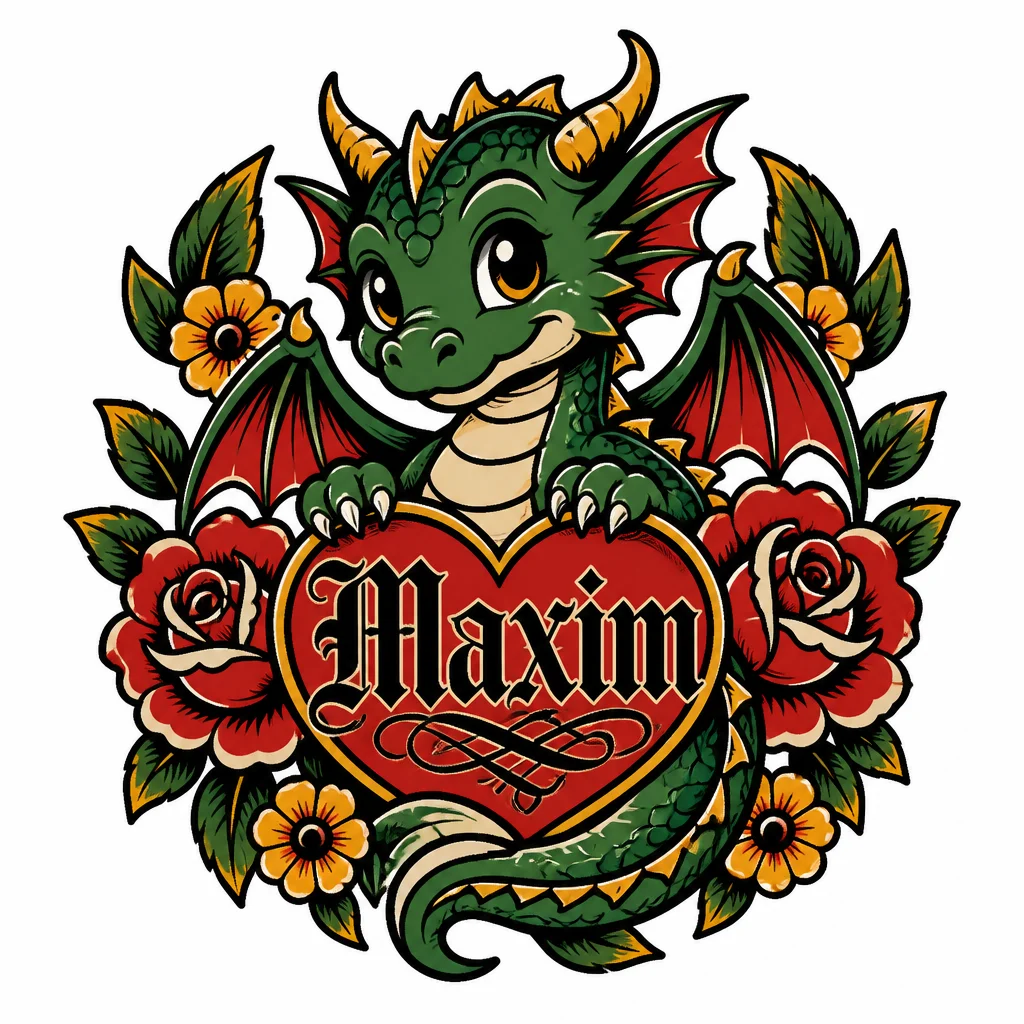 Милый добрый дракончик с именем Maxim и с сердечком. Вокруг дракончика цветы, а в дракончике имя Maxim. Имя Maxim буквы должны быть в готическом стиле с красивыми пересекающимися линиями. Располежение татуировки будет на плече девушке.